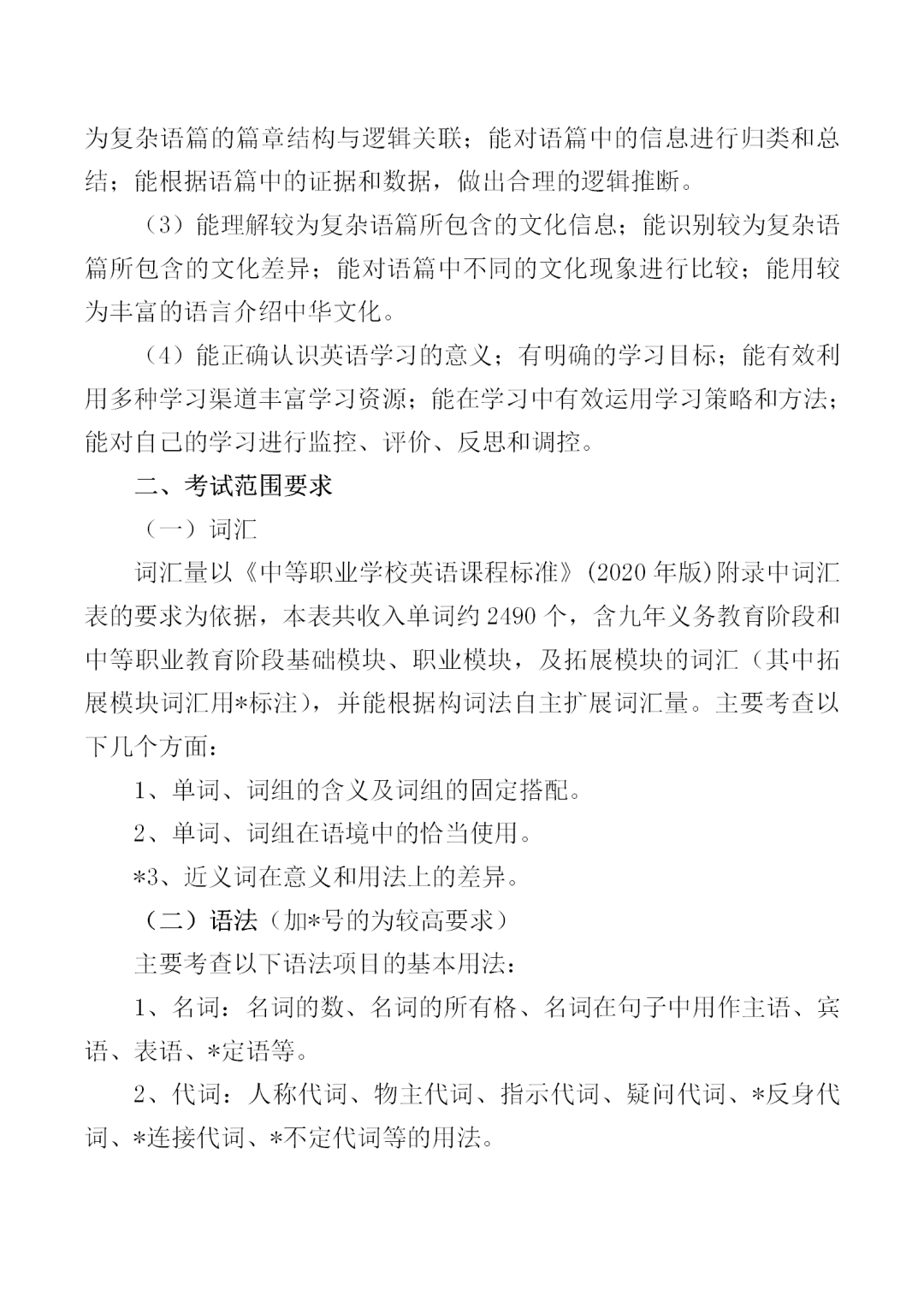 福建中職學考英語大綱